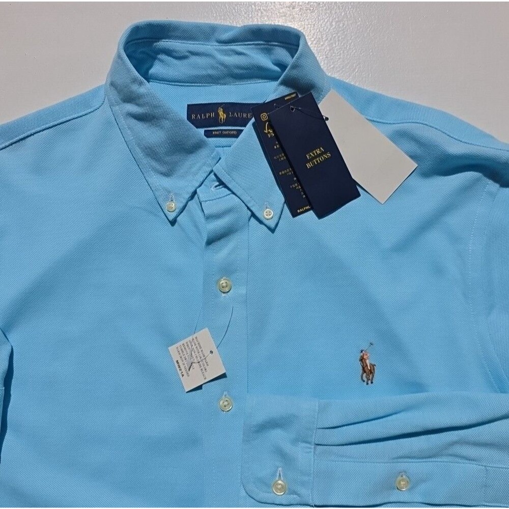 Polo Ralph Lauren Knit Oxford Long Sleeve Shirt Blue L Preppy Coastal Office NWT - Picture 3 of 11